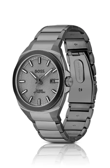 Grey link-bracelet watch with tonal guilloché dial