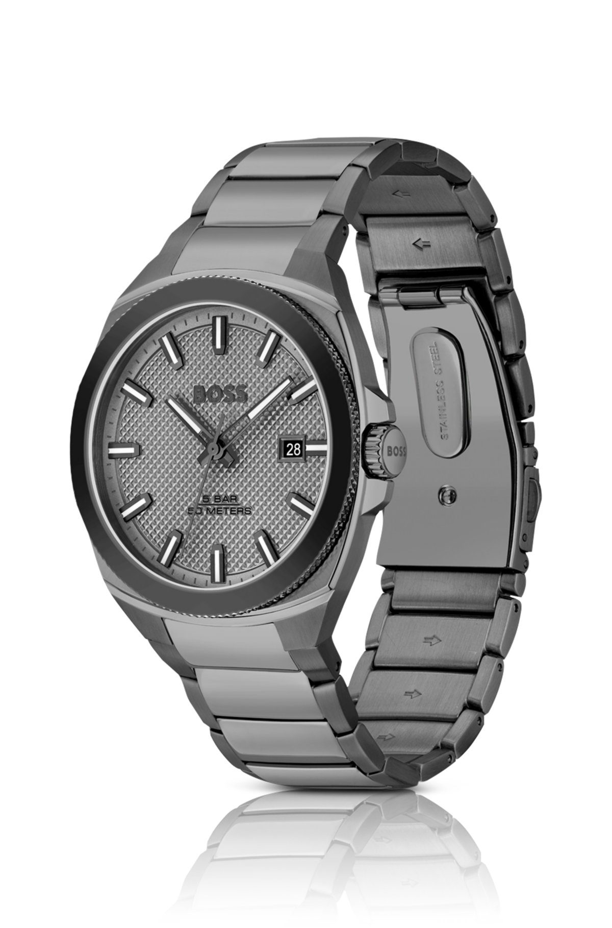 Grey link-bracelet watch with tonal guilloché dial, Grey