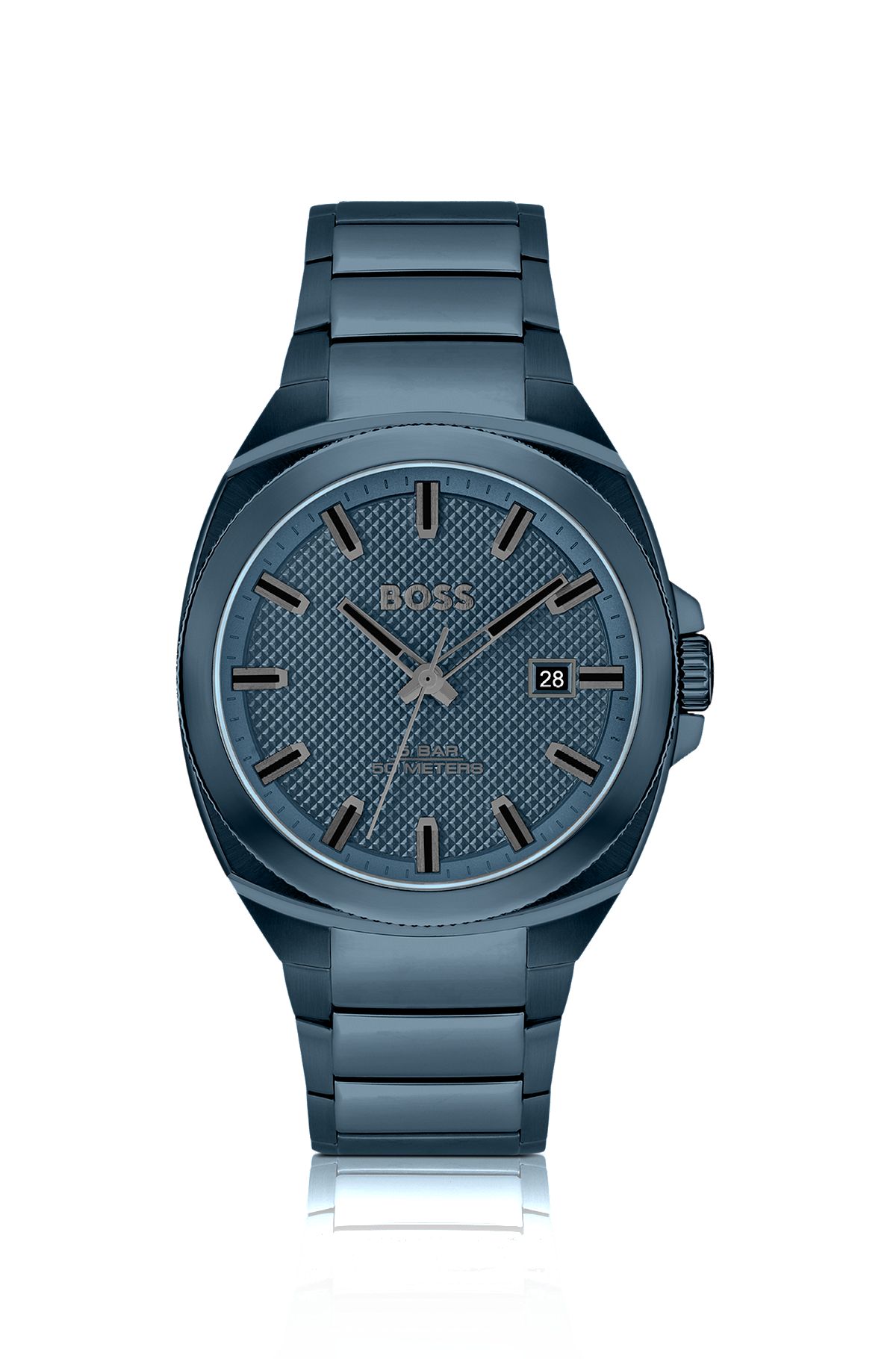 Blue link-bracelet watch with tonal guilloché dial, Blue