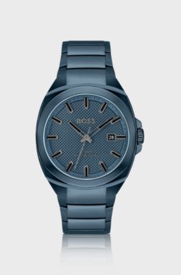 Orologio con quadrante guilloch&eacute; blu e bracciale a maglie tono su tono, Blu