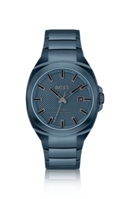 Montre bleue à cadran guilloché ton sur ton et bracelet à maillons