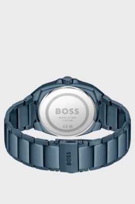 Blue link-bracelet watch with tonal guilloch&eacute; dial, Blue