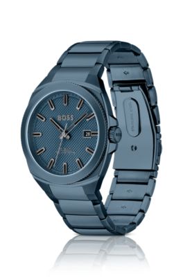 Blue link-bracelet watch with tonal guilloch&eacute; dial, Blue