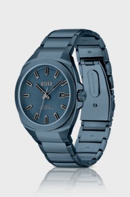 Orologio con quadrante guilloch&eacute; blu e bracciale a maglie tono su tono, Blu
