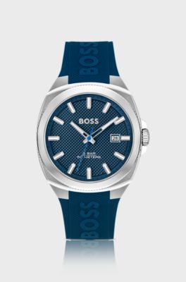 Silicone-logo-strap watch with blue guilloch&eacute; dial, Blue