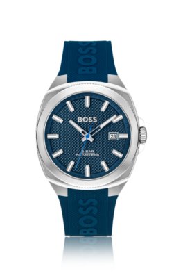 Montre à cadran guilloché bleu et bracelet logoté en silicone