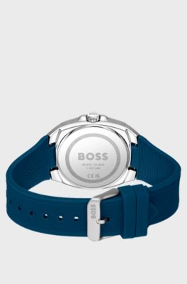 Silicone-logo-strap watch with blue guilloch&eacute; dial, Blue