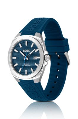Silicone-logo-strap watch with blue guilloch&eacute; dial, Blue