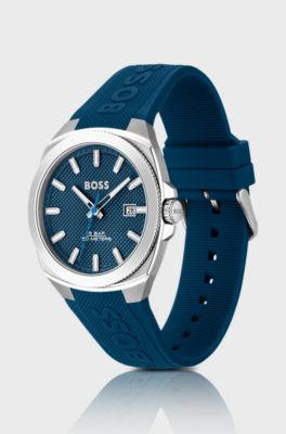 Silicone-logo-strap watch with blue guilloch&eacute; dial, Blue
