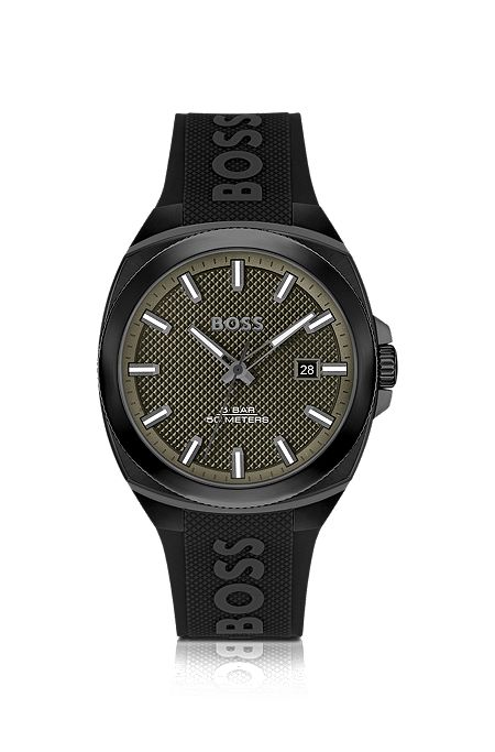 Horloge met siliconen logoband en olijfgroene guilloché-wijzerplaat, Zwart