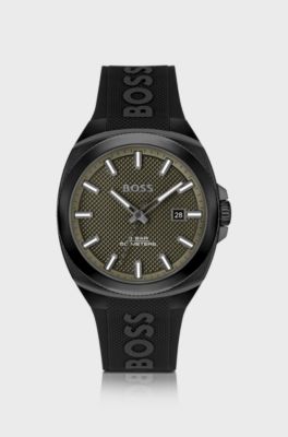 Silicone-logo-strap watch with olive guilloch&eacute; dial, Black