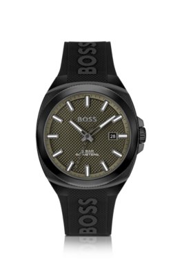 Montre à cadran guilloché couleur olive et bracelet logoté en silicone