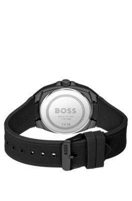 Silicone-logo-strap watch with olive guilloch&eacute; dial, Black