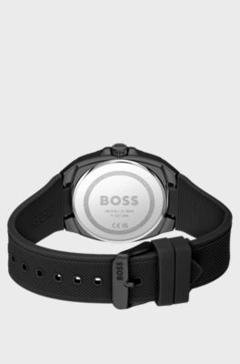 Silicone-logo-strap watch with olive guilloch&eacute; dial, Black