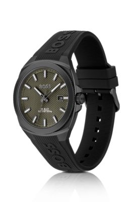 Silicone-logo-strap watch with olive guilloch&eacute; dial, Black