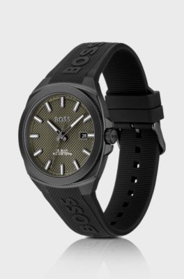 Silicone-logo-strap watch with olive guilloch&eacute; dial, Black