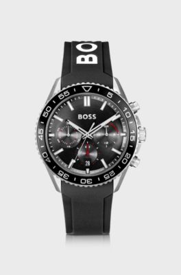 Silicone-strap chronograph watch with black dial, Black