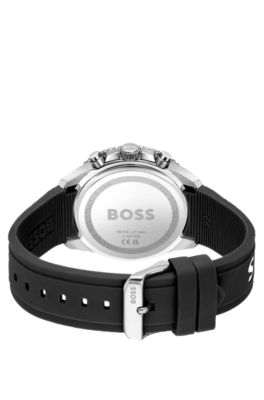 Silicone-strap chronograph watch with black dial, Black