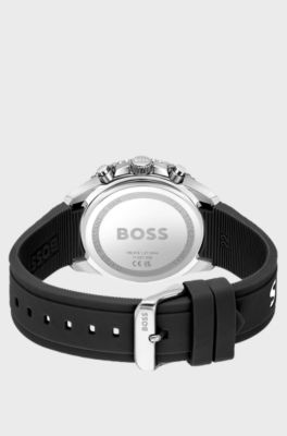 Silicone-strap chronograph watch with black dial, Black