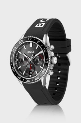 Montre chronographe &agrave; cadran noir et bracelet en silicone, Noir