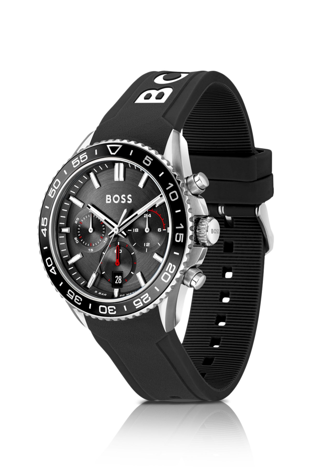 Silicone-strap chronograph watch with black dial, Black