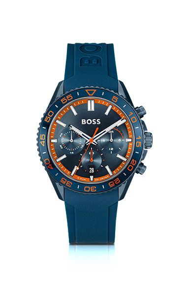 Blue silicone-strap chronograph watch with tonal dial, Blue