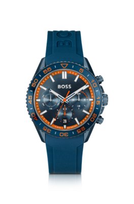 Montre chronographe à cadran ton sur ton et bracelet en silicone bleu