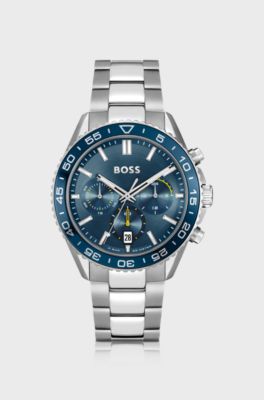 Runner Link-bracelet chronograph watch with blue dial, Silver