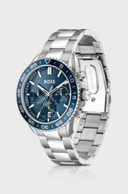 Runner Link-bracelet chronograph watch with blue dial, Silver