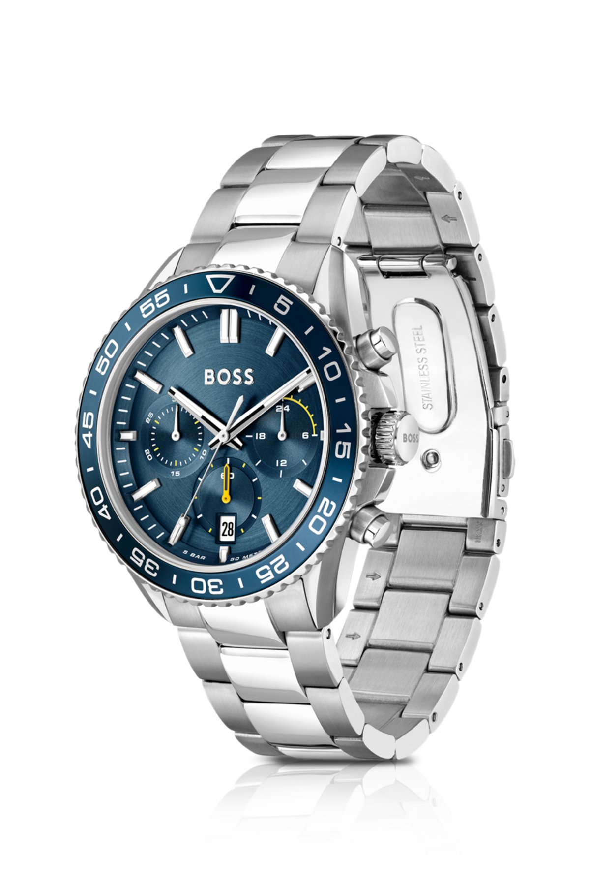 Link-bracelet chronograph watch with blue dial, Silver