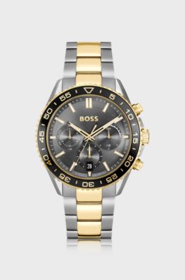 Two-tone link-bracelet chronograph watch with grey dial, Silver