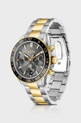 Two-tone link-bracelet chronograph watch with grey dial, Silver