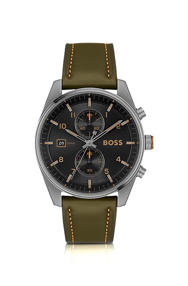 Black-dial chronograph watch with green leather strap, Green