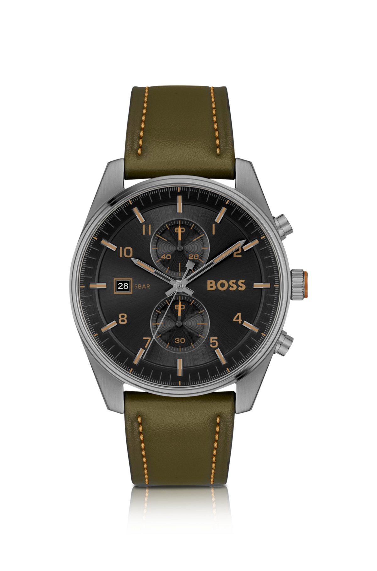Black-dial chronograph watch with green leather strap, Green