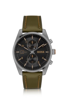 Montre chronographe avec cadran noir et bracelet en cuir vert