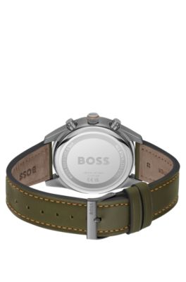 Black-dial chronograph watch with green leather strap, Green