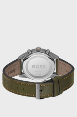 Black-dial chronograph watch with green leather strap, Green