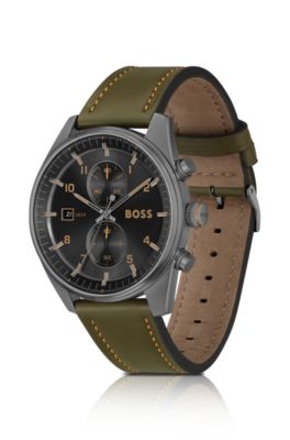 Black-dial chronograph watch with green leather strap, Green