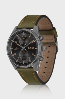 Black-dial chronograph watch with green leather strap, Green