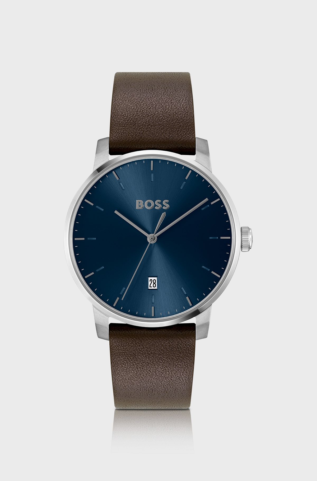 Leather-strap watch with blue dial, Brown