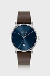 Leather-strap watch with blue dial, Brown