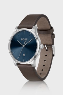 Leather-strap watch with blue dial, Brown