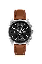 Black-dial chronograph watch with brown leather strap, Brown