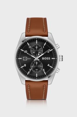Chronograph mit schwarzem Zifferblatt und braunem Lederarmband, Braun