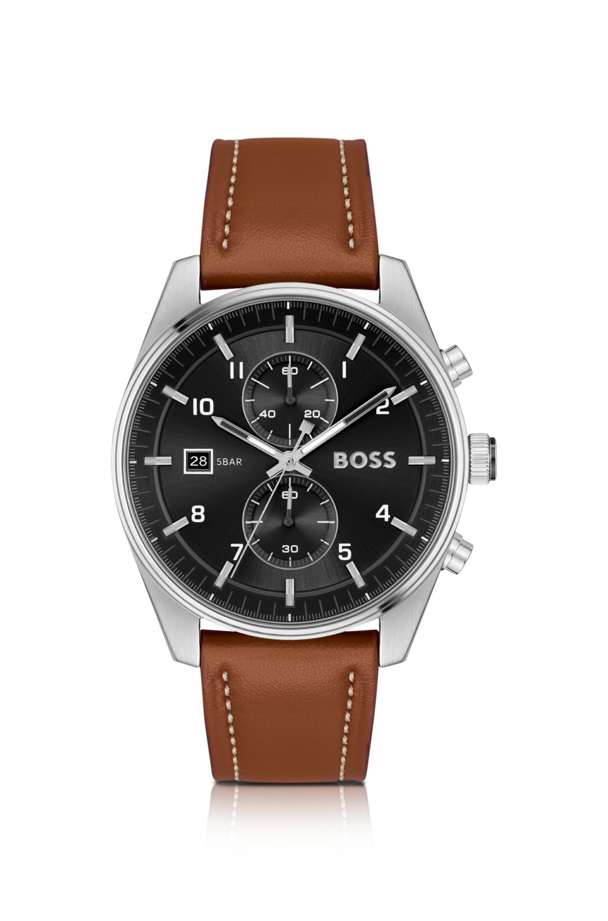 Black-dial chronograph watch with brown leather strap, Brown
