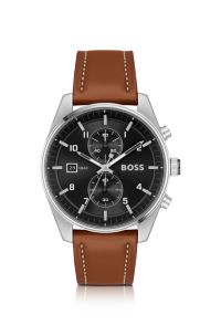 Black-dial chronograph watch with brown leather strap, Brown