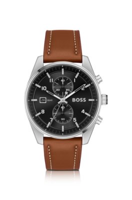 Montre chronographe à cadran noir et bracelet en cuir marron