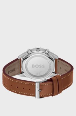 Chronograph mit schwarzem Zifferblatt und braunem Lederarmband, Braun