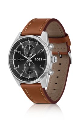 SKYTRAVELLER Black-dial chronograph watch with brown leather strap, Brown