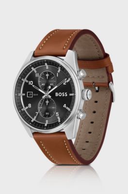 Chronograph mit schwarzem Zifferblatt und braunem Lederarmband, Braun